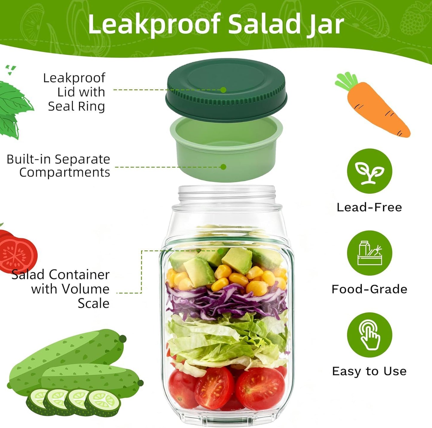Alluxess Premium Leak-Proof Salad Container With Side Opening For Office, Travel & Outdoors.